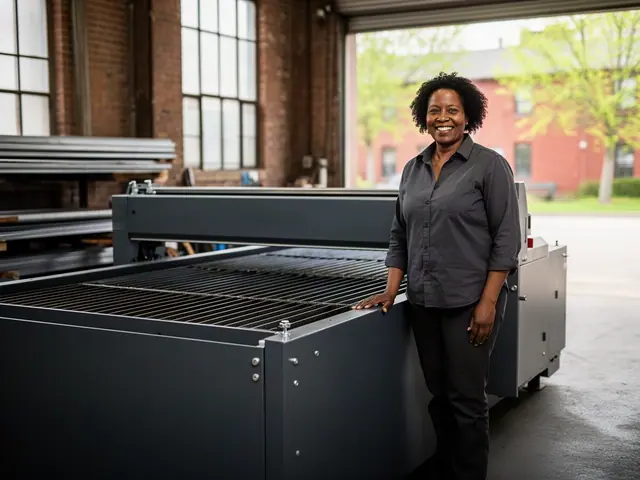 Smiling woman in a dark grey shirt resting her hand on a large steel cutting table in a brick workshop