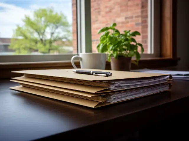 Stack of kraft file folders with paper and a black pen on a dark desk by a window with a plant and mug
