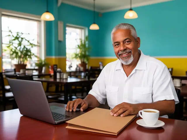 Smiling grey-haired man in a white shirt at a restaurant table with a laptop, folder and coffee cup