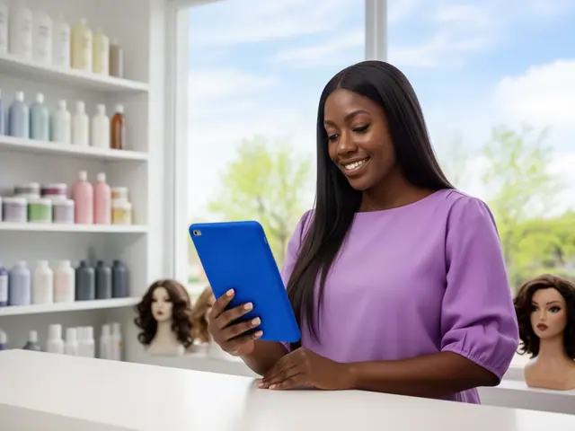 Smiling woman with long straight hair in a lilac blouse holding a blue tablet in a wig and hair-care shop