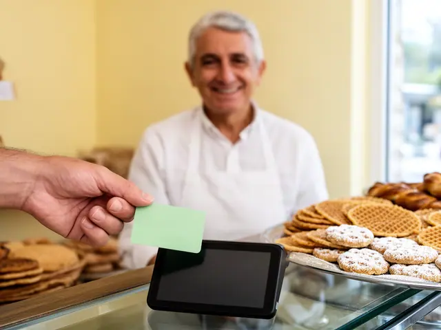 Customer hand holding a mint-green card over a black card terminal while a smiling baker stands behind the counter